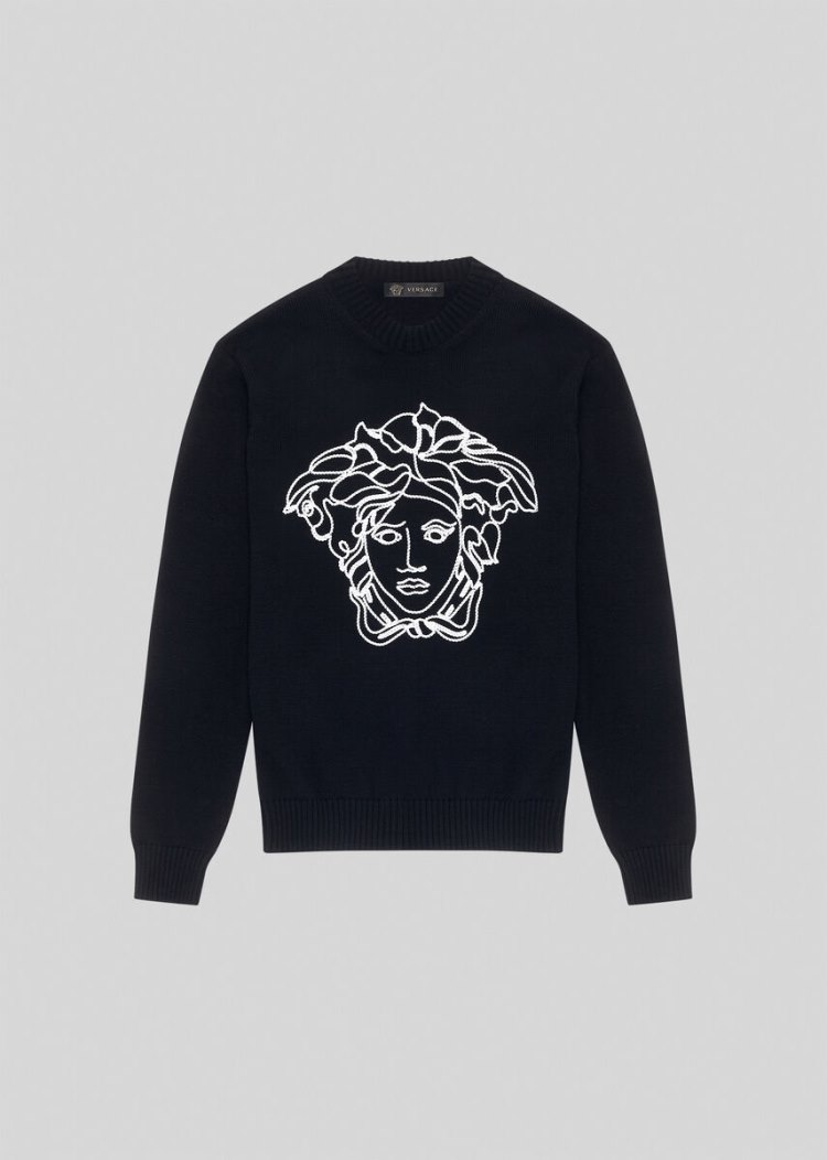 Versace Embroidered Medusa Wool πουλοβερ Πουλόβερ ανδρικα μαυρα | LX4OJ2B