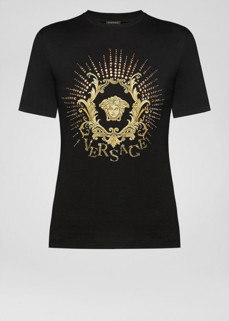 Versace Embroidered Organic βαμβακερα T-shirt μπλουζακια γυναικεια μαυρα | WTTJGAG