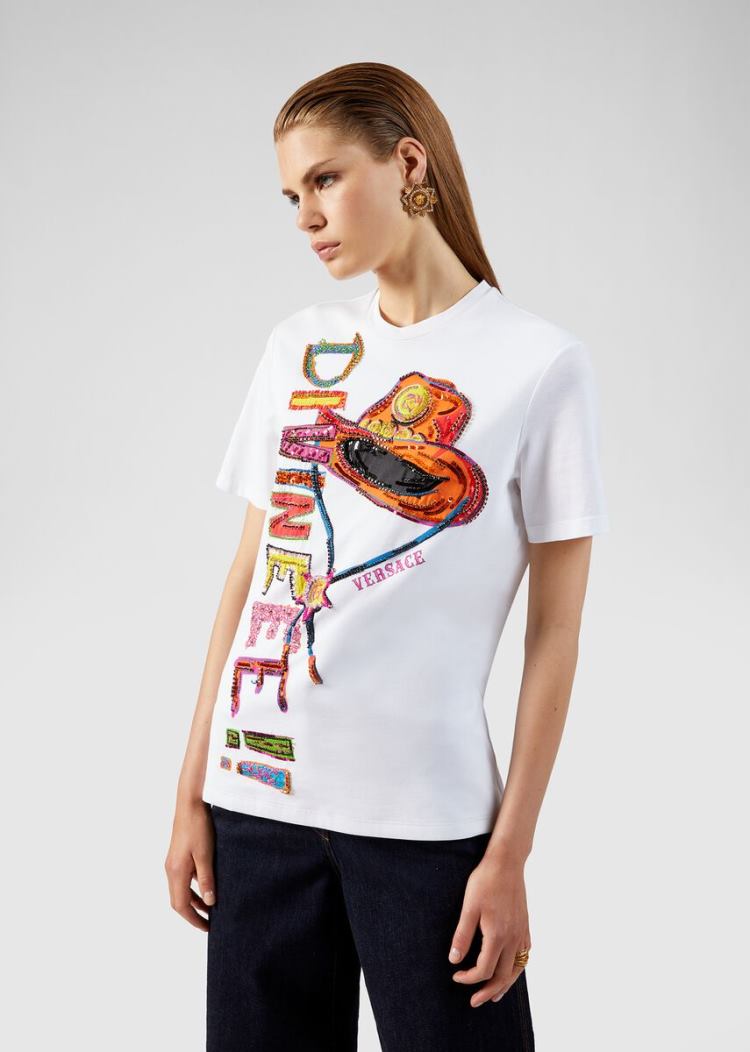 Versace Embroidered Western Motif T Shirt μπλουζακια γυναικεια ασπρα | K43WWE8