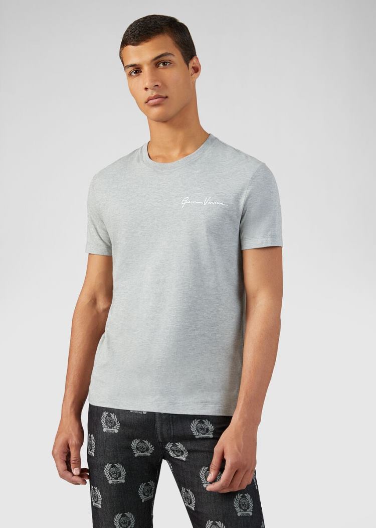 Versace GV Signature Embroidered T Shirt μπλουζακια ανδρικα γκρι | KCOEGPC