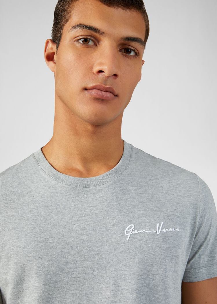 Versace GV Signature Embroidered T Shirt μπλουζακια ανδρικα γκρι | KCOEGPC