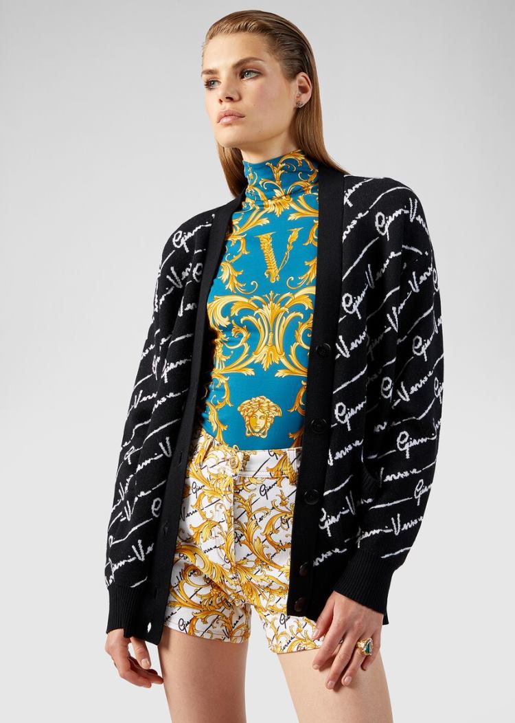 Versace GV Signature Jacquard Cardigan Πουλόβερ γυναικεια μαυρα | 8NNYOJX