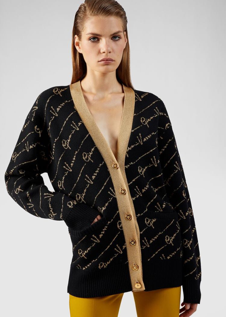 Versace GV Signature Jacquard Lamé Cardigan Πουλόβερ γυναικεια μαυρα | DNIUT0D