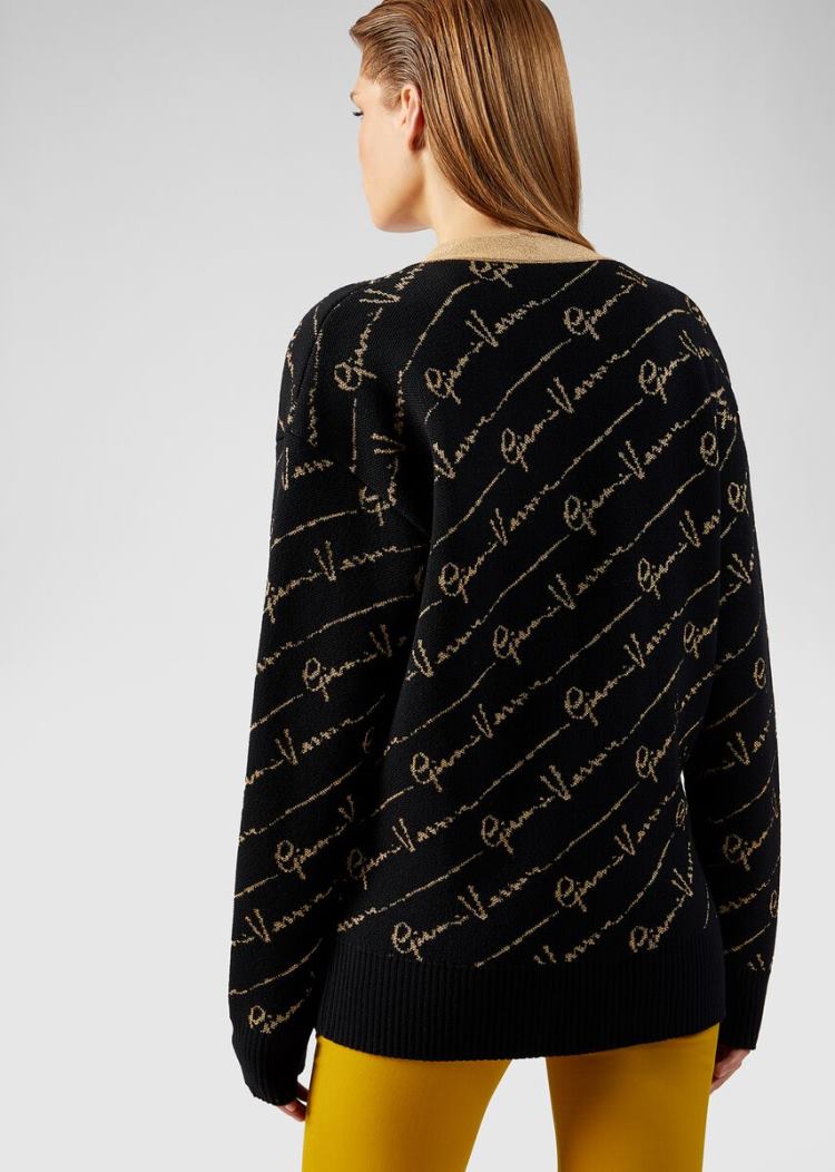 Versace GV Signature Jacquard Lamé Cardigan Πουλόβερ γυναικεια μαυρα | DNIUT0D