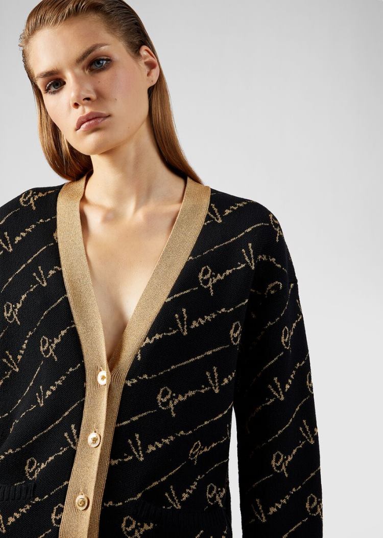 Versace GV Signature Jacquard Lamé Cardigan Πουλόβερ γυναικεια μαυρα | DNIUT0D