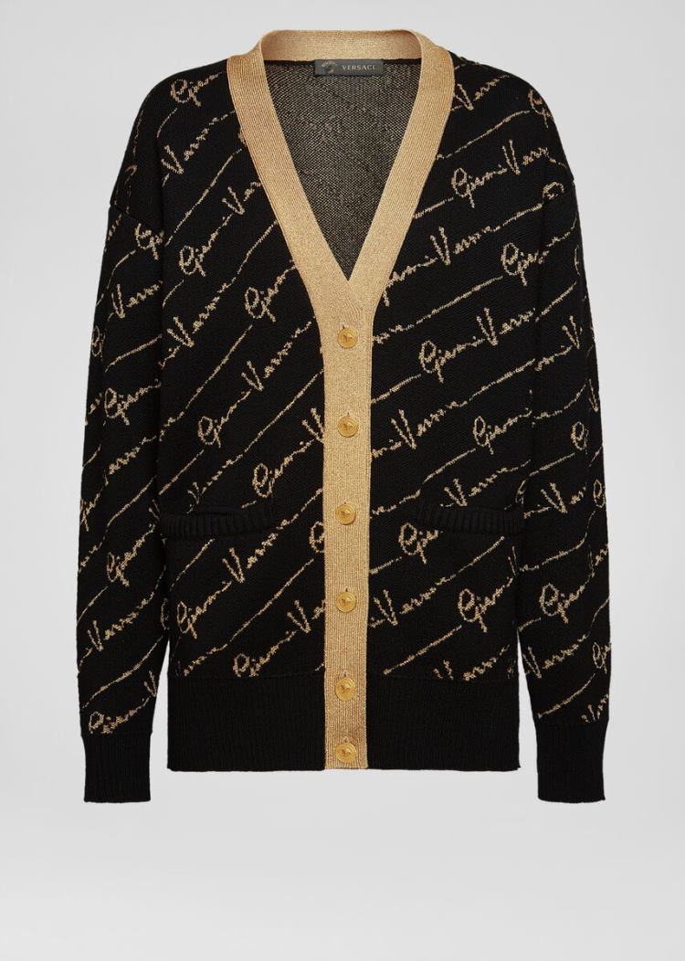 Versace GV Signature Jacquard Lamé Cardigan Πουλόβερ γυναικεια μαυρα | DNIUT0D