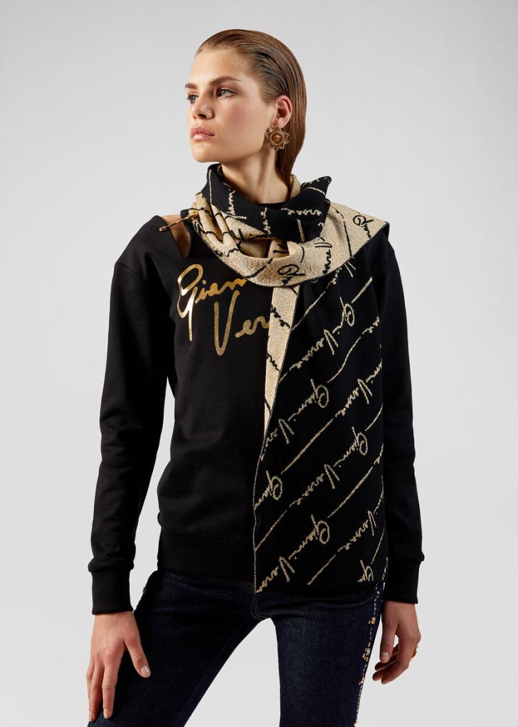 Versace GV Signature Pattern Scarf κασκολ γυναικεια μαυρα χρυσο χρωμα | TD8278F
