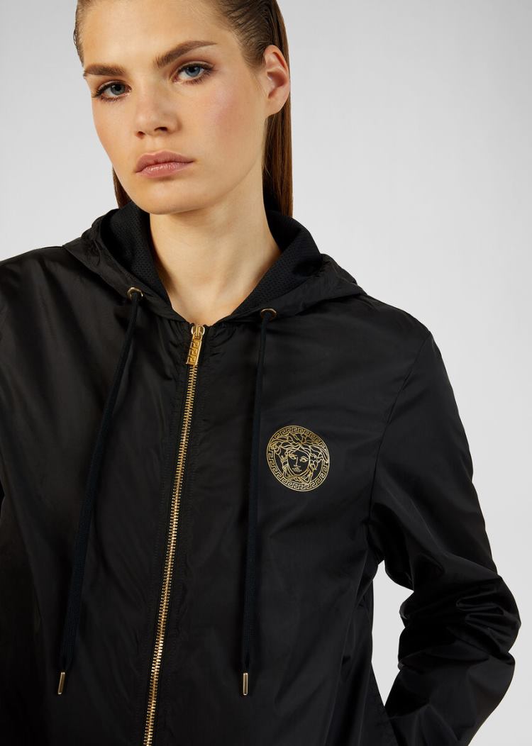 Versace Greca Border Κουκουλοφόρος νάιλον Jacket μπουφαν γυναικεια μαυρα | 456ZFB4
