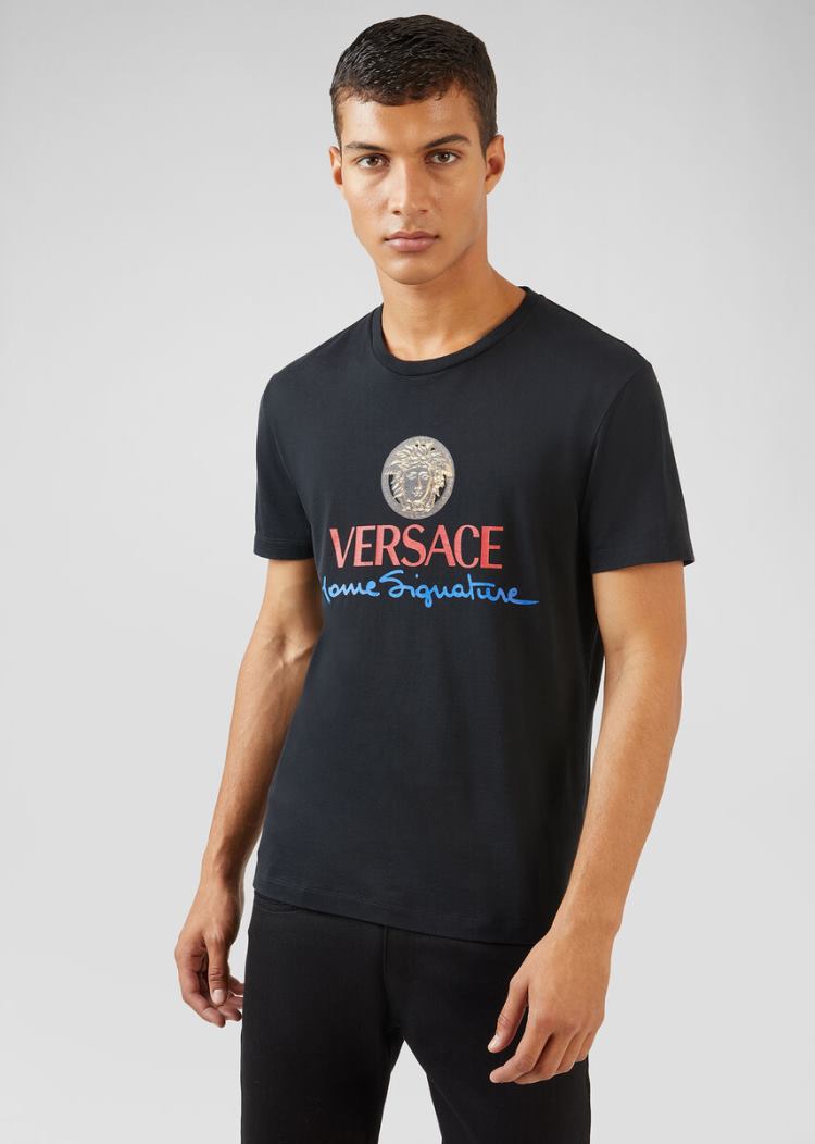 Versace Home Signature Logo T Shirt μπλουζακια ανδρικα μαυρα | 4MC7Q0K