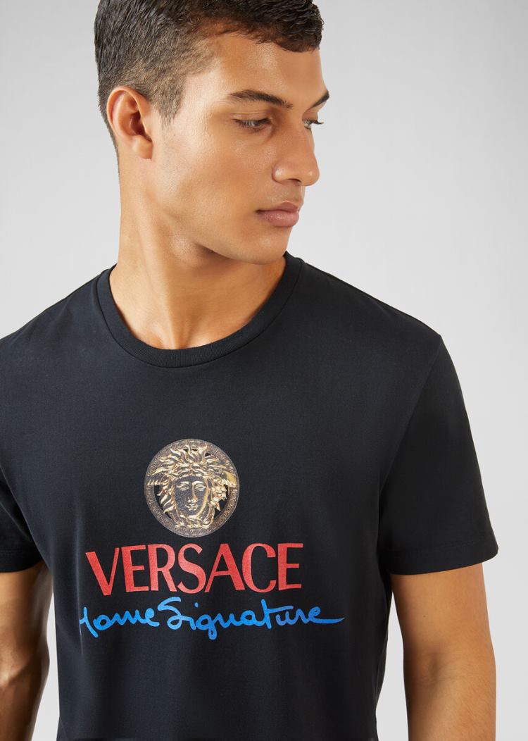 Versace Home Signature Logo T Shirt μπλουζακια ανδρικα μαυρα | 4MC7Q0K