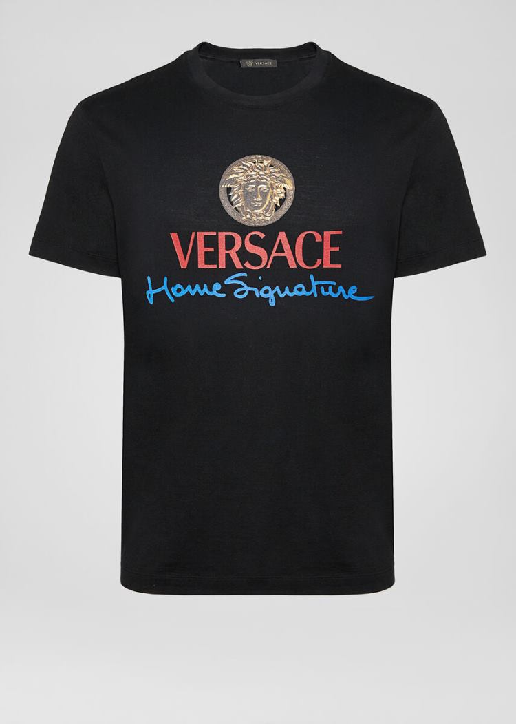 Versace Home Signature Logo T Shirt μπλουζακια ανδρικα μαυρα | 4MC7Q0K