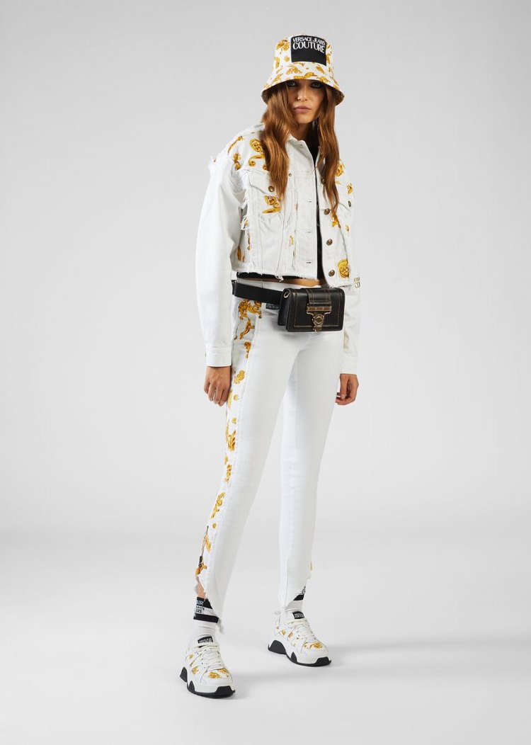 Versace Jeans Couture Baroque Jewels Insert Denim Jacket μπουφαν Jeans Couture ασπρα | D4S7WOW