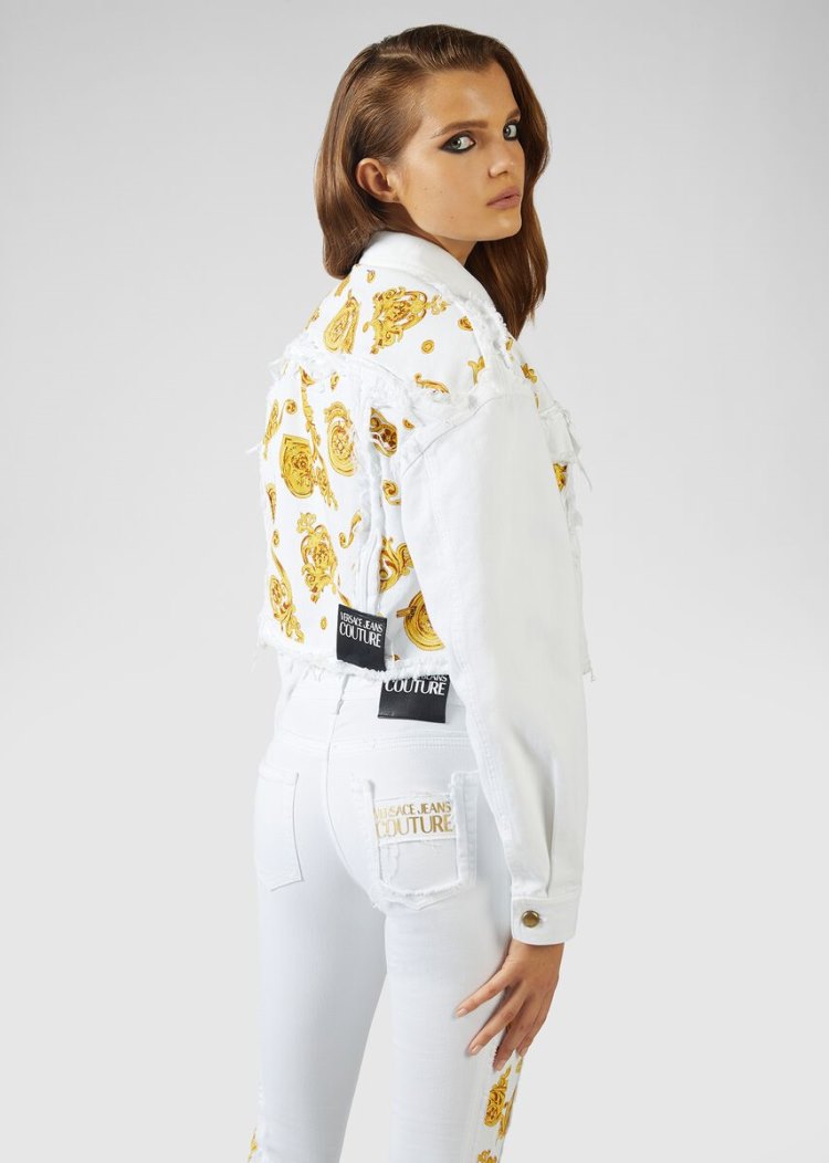 Versace Jeans Couture Baroque Jewels Insert Denim Jacket μπουφαν Jeans Couture ασπρα | D4S7WOW
