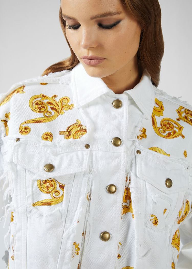 Versace Jeans Couture Baroque Jewels Insert Denim Jacket μπουφαν Jeans Couture ασπρα | D4S7WOW