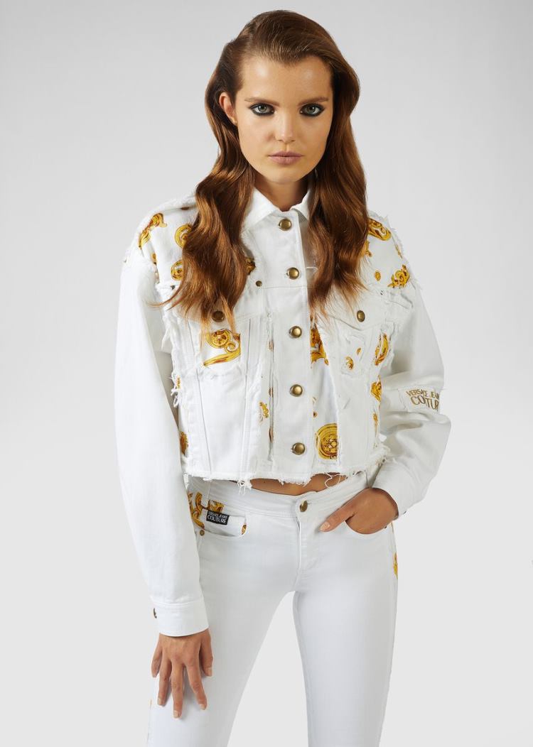 Versace Jeans Couture Baroque Jewels Insert Denim Jacket μπουφαν Jeans Couture ασπρα | D4S7WOW