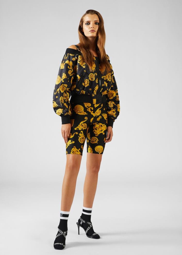 Versace Jeans Couture Baroque Jewels Print ποδηλατου Shorts σορτσ Jeans Couture μαυρα | QZXOBFP