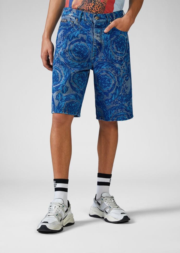 Versace Jeans Couture Baroque Print Denim Shorts σορτσ Jeans Couture μπλε | 9ZY4B3W
