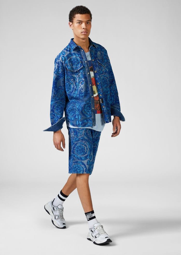 Versace Jeans Couture Baroque Print Denim Shorts σορτσ Jeans Couture μπλε | 9ZY4B3W