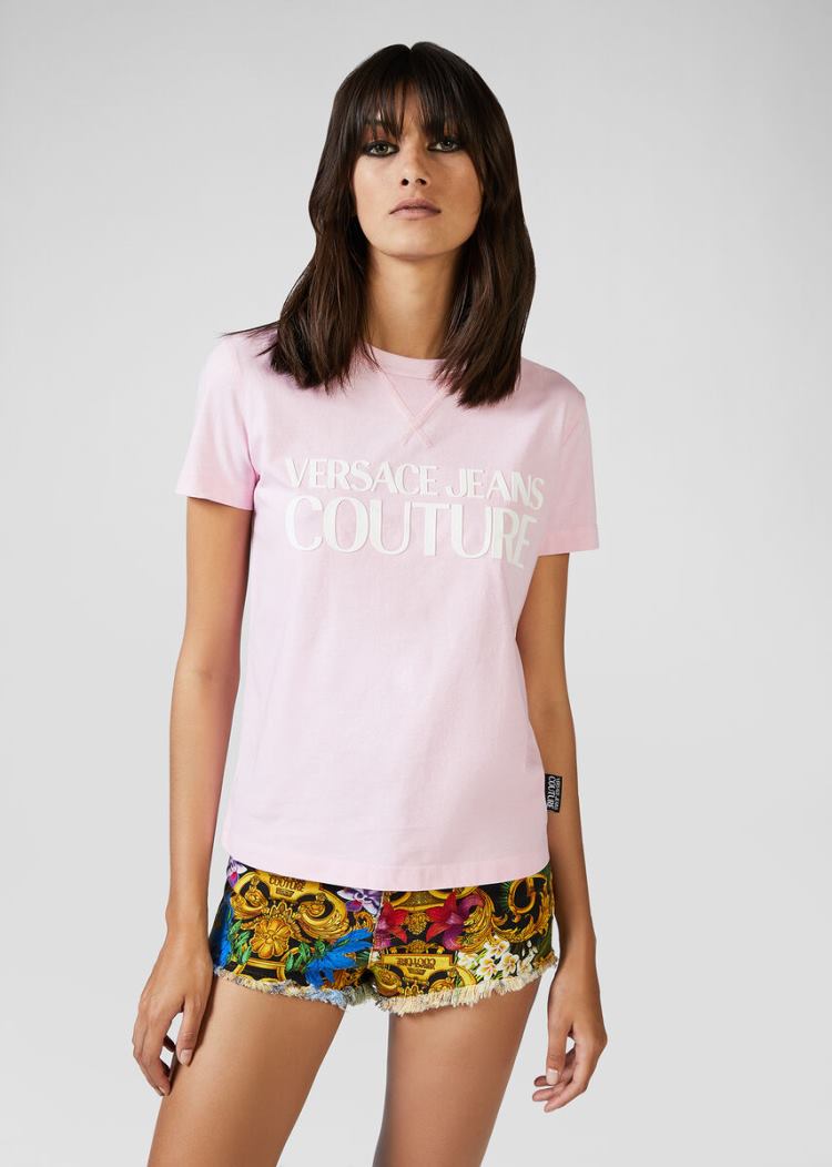 Versace Jeans Couture Contrast Color Logo T Shirt μπλουζακια Jeans Couture ροζ | B2SO0FX
