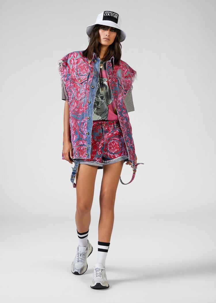 Versace Jeans Couture Denim Baroque Print Vest γιλεκο Jeans Couture μπλε | CHYVHXU