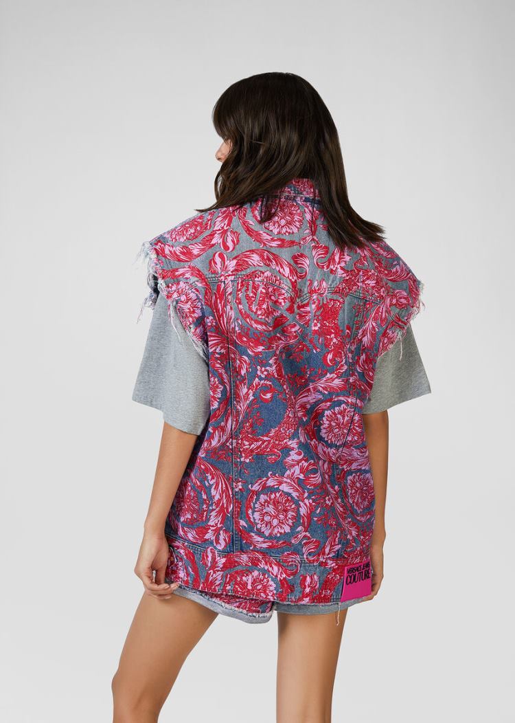 Versace Jeans Couture Denim Baroque Print Vest γιλεκο Jeans Couture μπλε | CHYVHXU