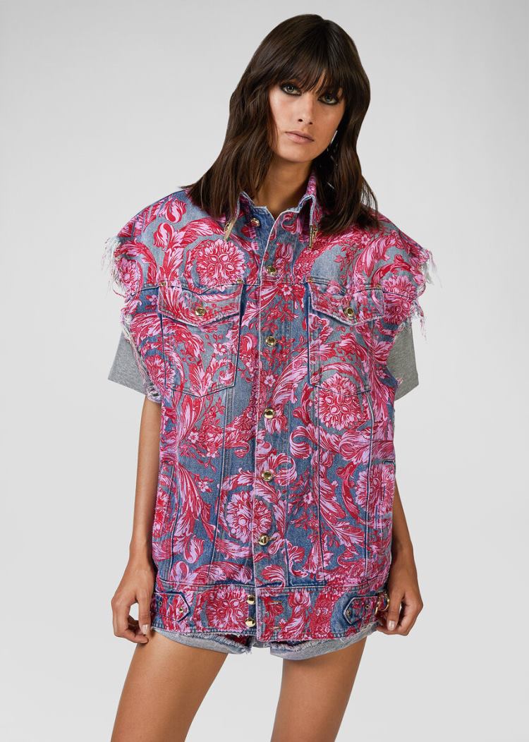 Versace Jeans Couture Denim Baroque Print Vest γιλεκο Jeans Couture μπλε | CHYVHXU