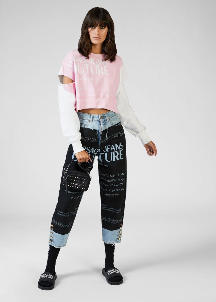 Versace Jeans Couture Etichetta Print Cropped Sweatshirt Φούτερ Jeans Couture ροζ | 44WJ7PW