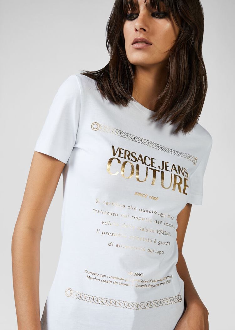 Versace Jeans Couture Etichetta Print T Shirt μπλουζακια Jeans Couture ασπρα | 6E4ST7R