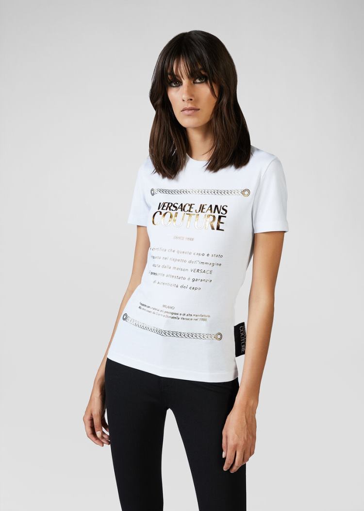 Versace Jeans Couture Etichetta Print T Shirt μπλουζακια Jeans Couture ασπρα | 6E4ST7R