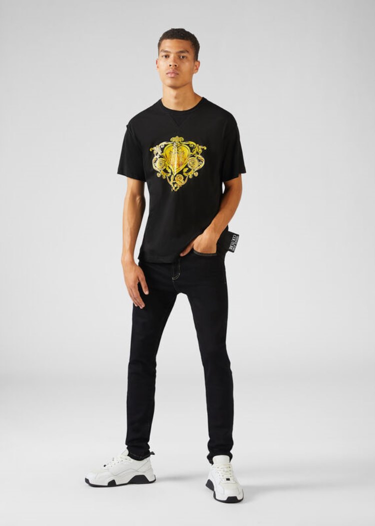 Versace Jeans Couture Gold Baroque Motif T Shirt μπλουζακια Jeans Couture μαυρα | HXJ9BON