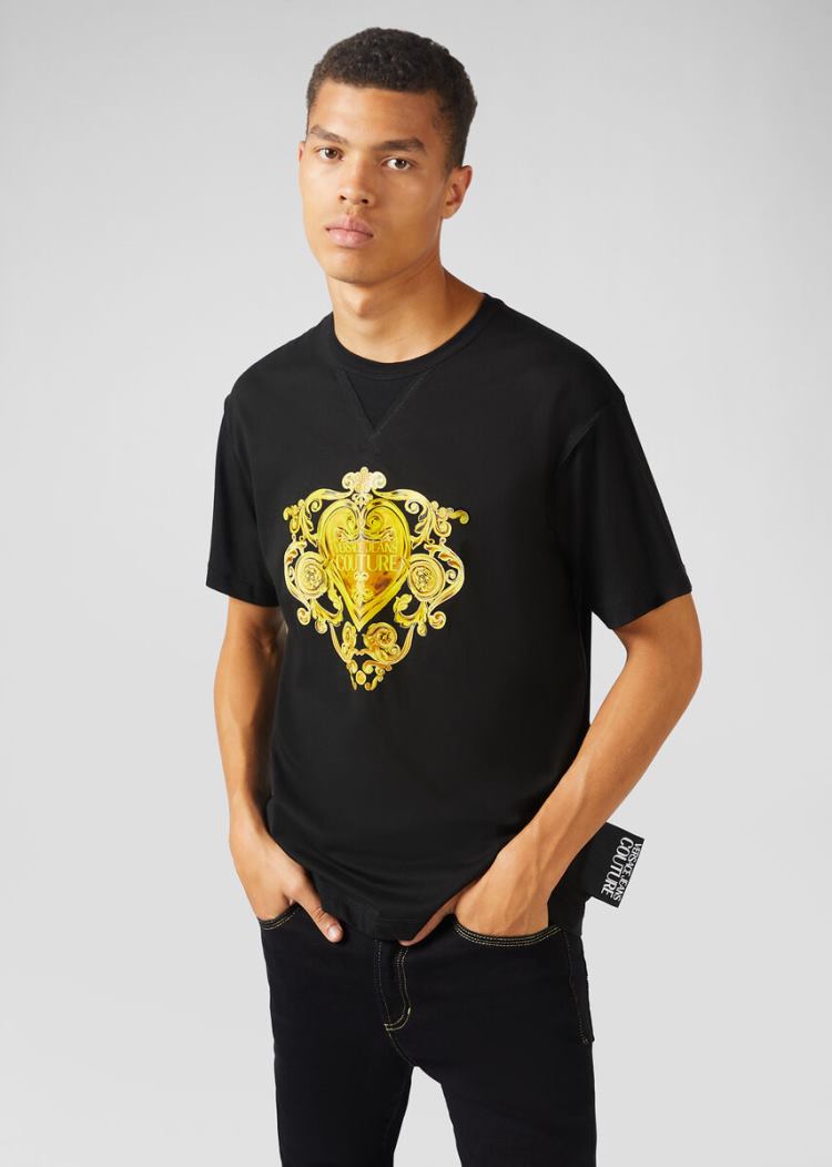 Versace Jeans Couture Gold Baroque Motif T Shirt μπλουζακια Jeans Couture μαυρα | HXJ9BON