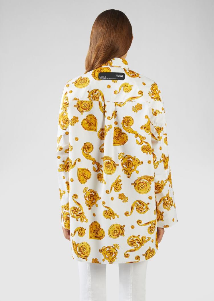 Versace Jeans Couture Gold Baroque Print Asymmetric Shirt πουκαμισα Jeans Couture ασπρα | UW2XBEQ