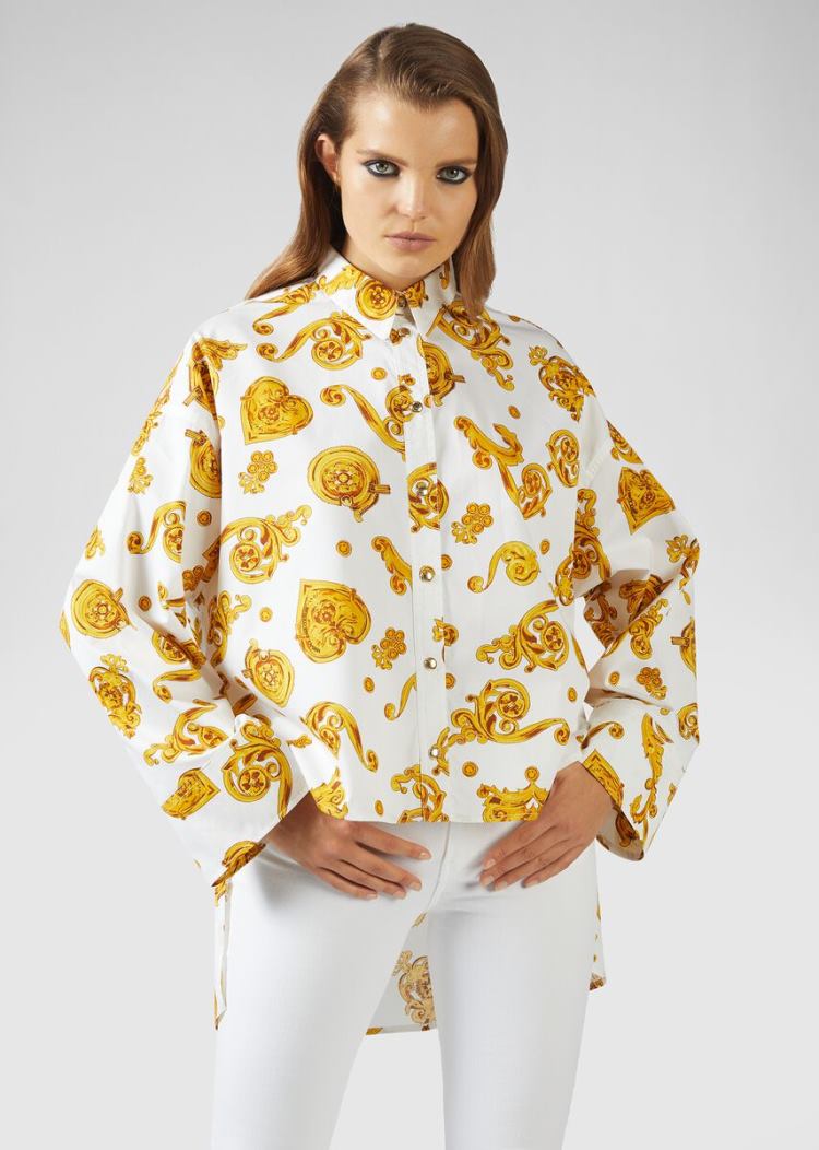 Versace Jeans Couture Gold Baroque Print Asymmetric Shirt πουκαμισα Jeans Couture ασπρα | UW2XBEQ