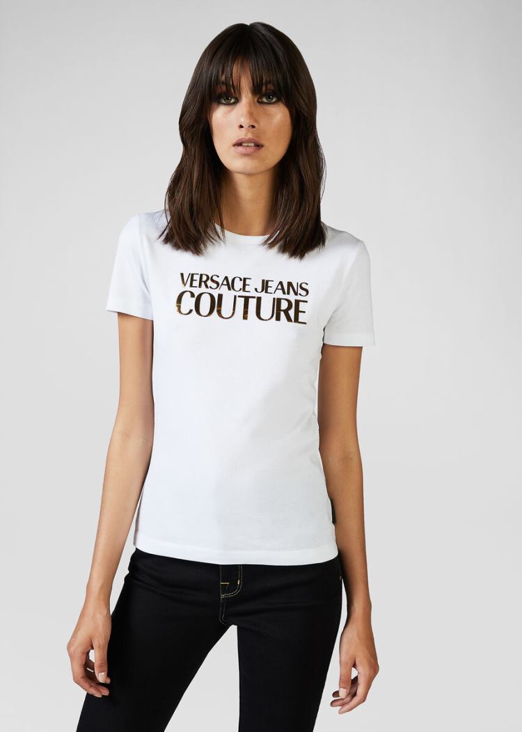 Versace Jeans Couture Gold-Tone Logo T Shirt μπλουζακια Jeans Couture ασπρα | 5KIKUUH