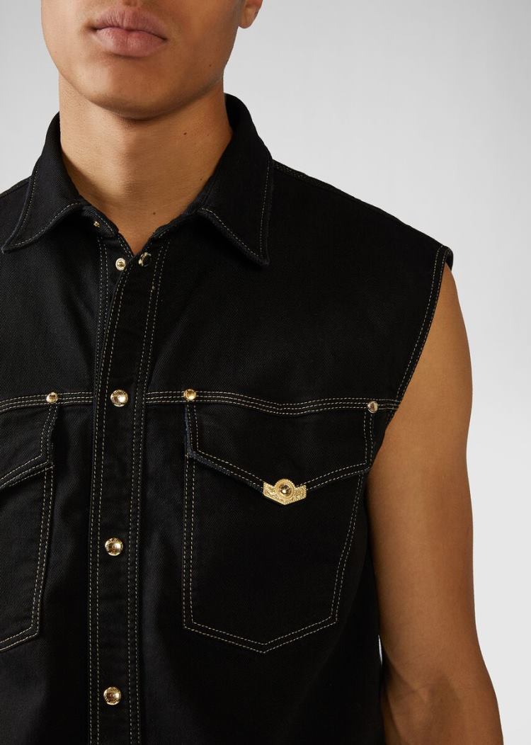 Versace Jeans Couture Heritage Gold Flaps Denim Shirt πουκαμισα Jeans Couture μαυρα | 7KGLYT6