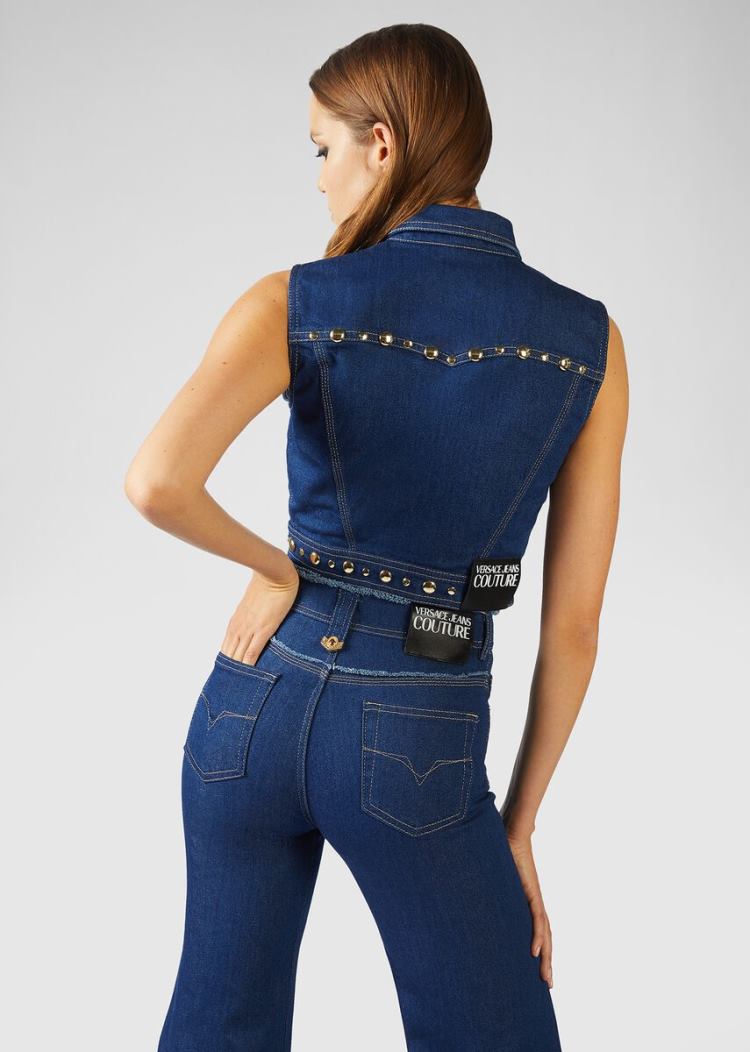 Versace Jeans Couture Heritage Gold Metal Tips Denim Vest γιλεκο Jeans Couture μπλε | 079GO7T