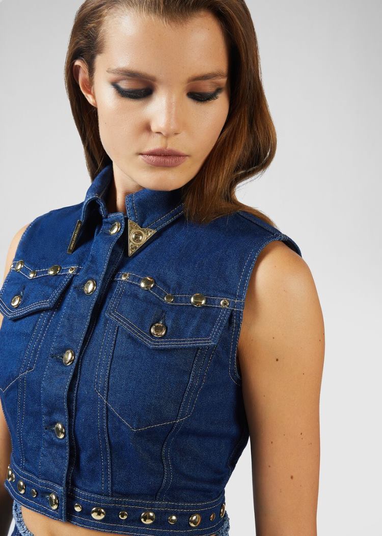 Versace Jeans Couture Heritage Gold Metal Tips Denim Vest γιλεκο Jeans Couture μπλε | 079GO7T