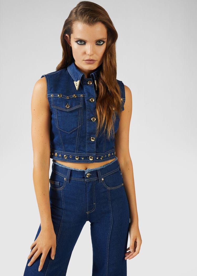 Versace Jeans Couture Heritage Gold Metal Tips Denim Vest γιλεκο Jeans Couture μπλε | 079GO7T