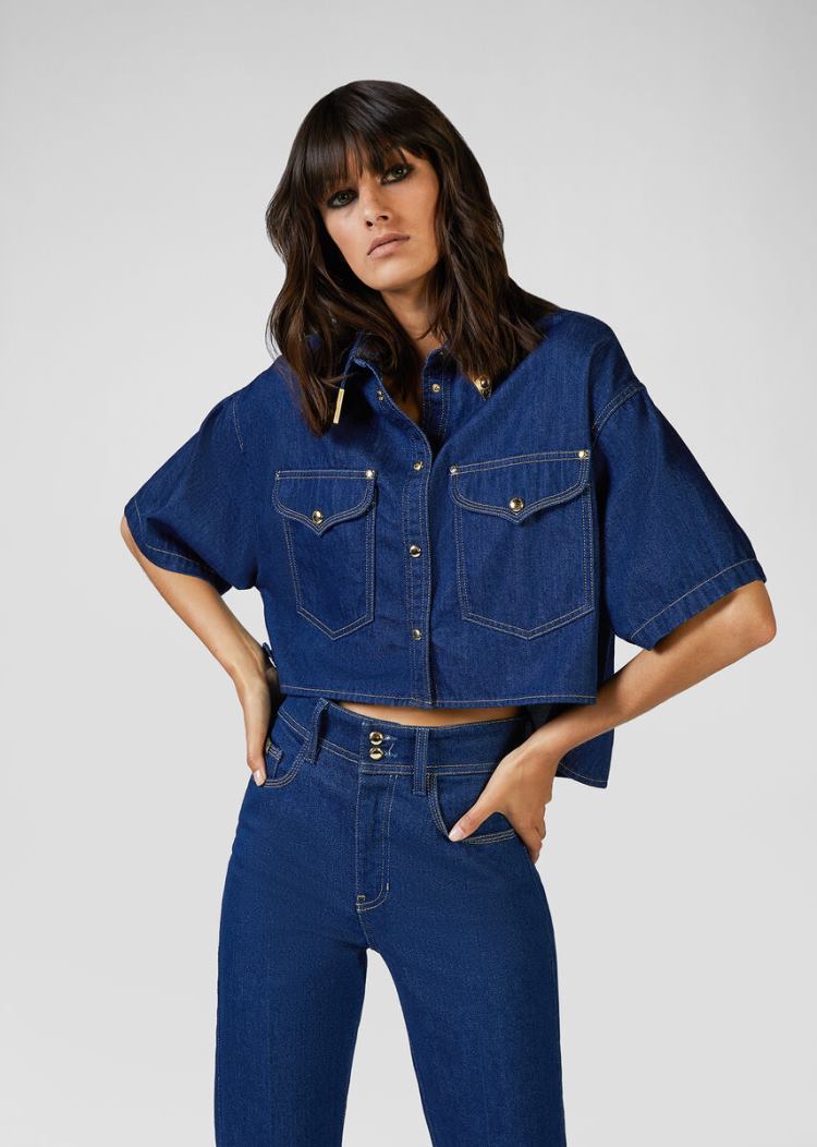 Versace Jeans Couture Heritage Gold Metal Tips Denim Shirt πουκαμισα Jeans Couture μπλε | 6CWKGD1
