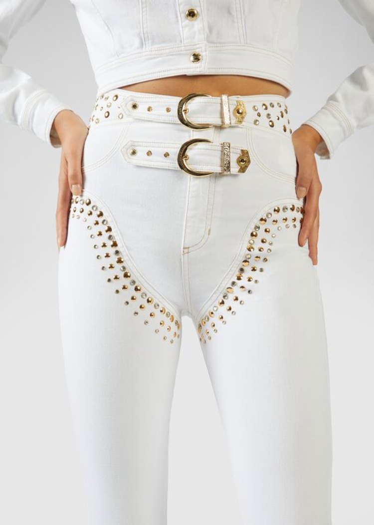 Versace Jeans Couture Heritage Gold Metal Hardware Skinny Jeans τζιν παντελονι Jeans Couture ασπρα | PIG1DPH