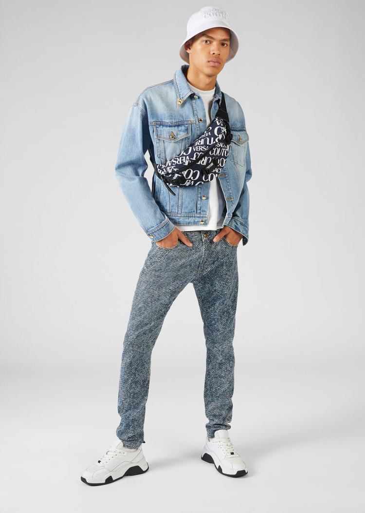 Versace Jeans Couture Heritage Gold Metal Tips Denim Jacket μπουφαν Jeans Couture μπλε | TKE44XJ