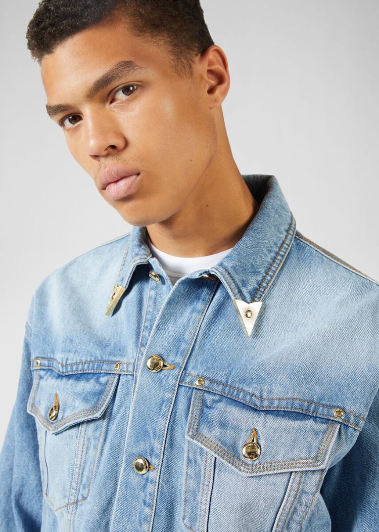 Versace Jeans Couture Heritage Gold Metal Tips Denim Jacket μπουφαν Jeans Couture μπλε | TKE44XJ
