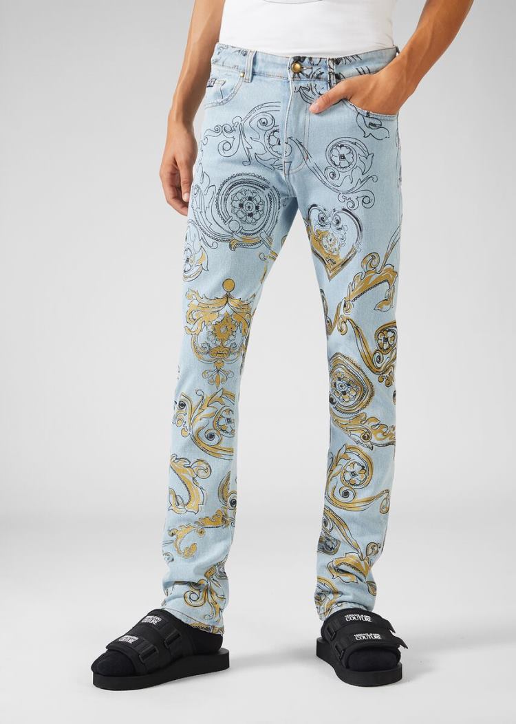 Versace Jeans Couture Ink and Gold Baroque Print Slim Jeans τζιν παντελονι Jeans Couture μπλε | CVY54L4