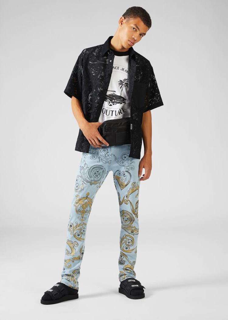 Versace Jeans Couture Ink and Gold Baroque Print Slim Jeans τζιν παντελονι Jeans Couture μπλε | CVY54L4
