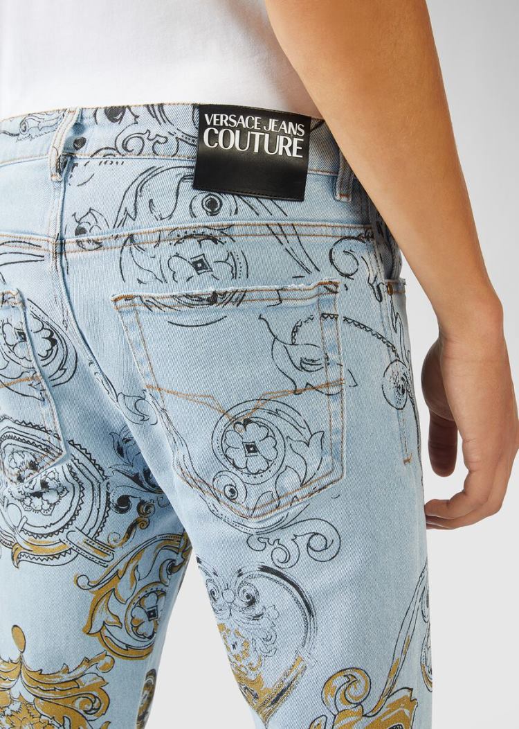 Versace Jeans Couture Ink and Gold Baroque Print Slim Jeans τζιν παντελονι Jeans Couture μπλε | CVY54L4