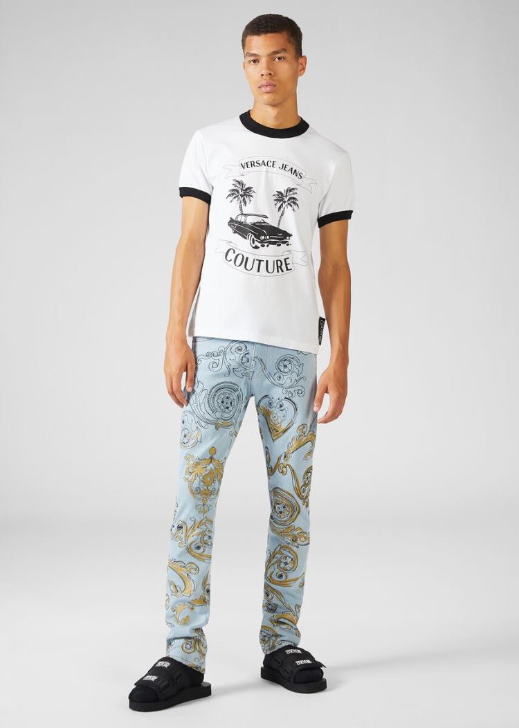Versace Jeans Couture Ink and Gold Baroque Print Slim Jeans τζιν παντελονι Jeans Couture μπλε | CVY54L4