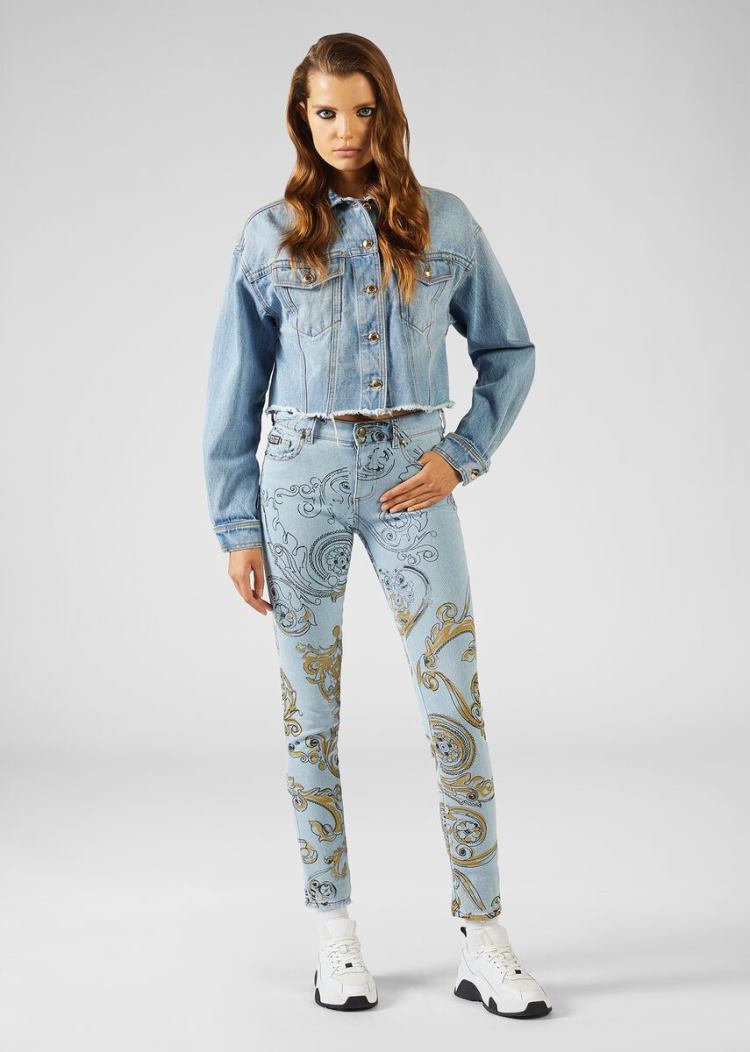 Versace Jeans Couture Ink and Gold Baroque Print Skinny Jeans τζιν παντελονι Jeans Couture μπλε | FBF5XAO
