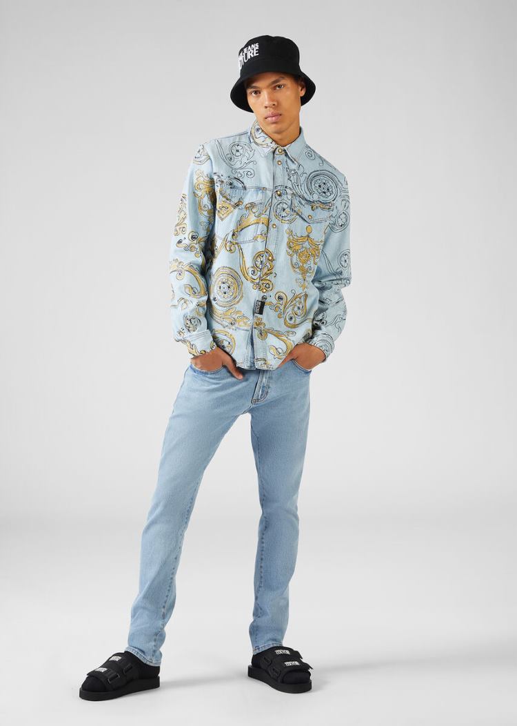 Versace Jeans Couture Ink and Gold Baroque Print Denim Shirt πουκαμισα Jeans Couture μπλε | U6ILVDQ