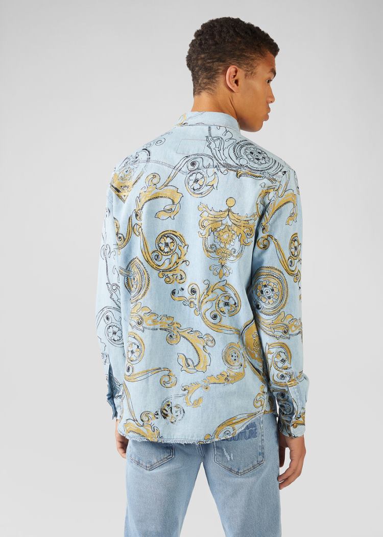 Versace Jeans Couture Ink and Gold Baroque Print Denim Shirt πουκαμισα Jeans Couture μπλε | U6ILVDQ