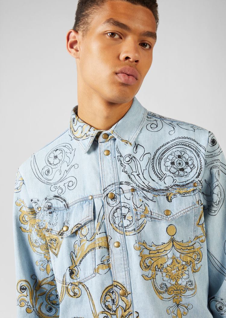 Versace Jeans Couture Ink and Gold Baroque Print Denim Shirt πουκαμισα Jeans Couture μπλε | U6ILVDQ